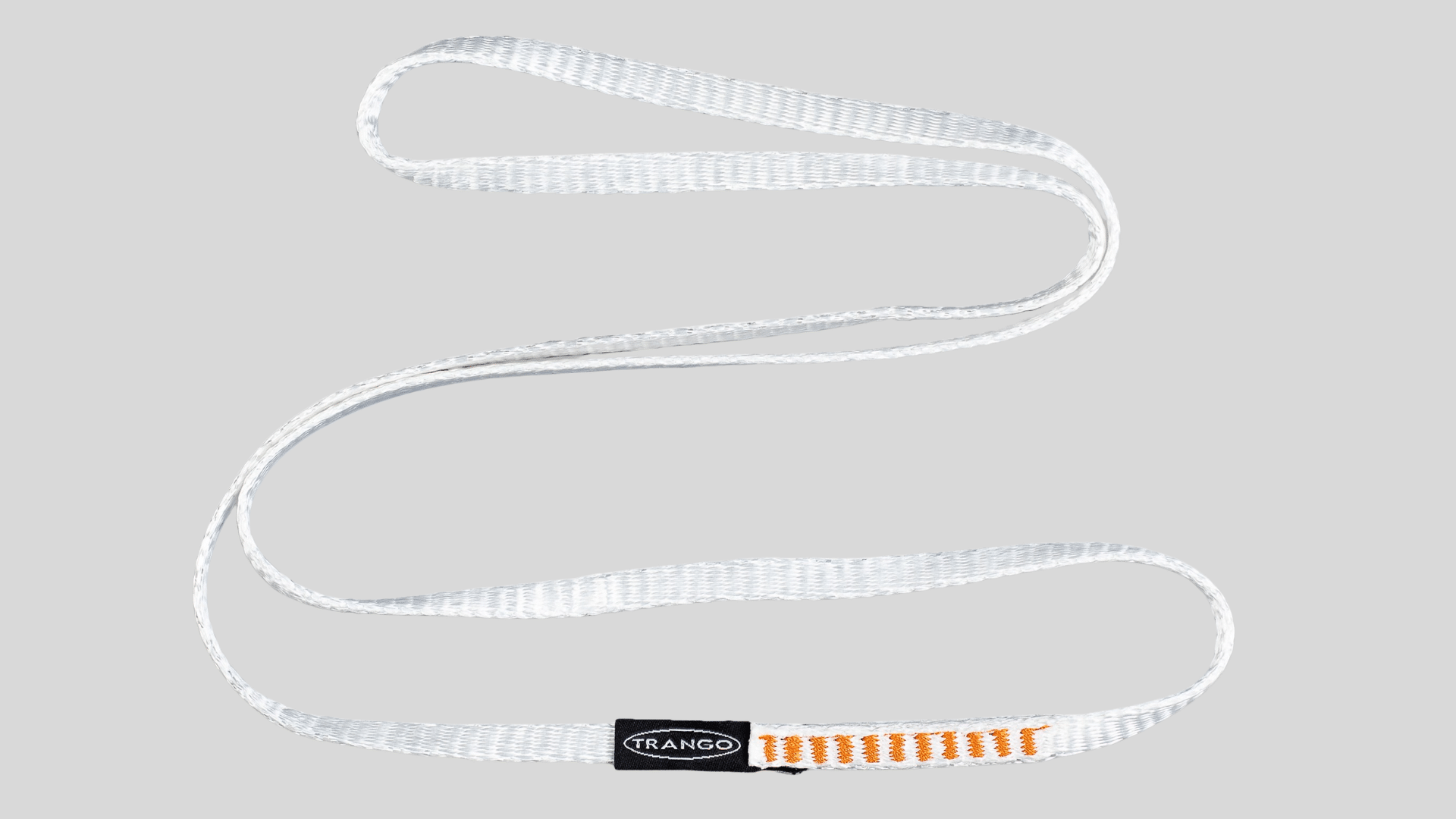 white climbing sling loop made of durable webbing for anchor setup and protection use on a clean background
