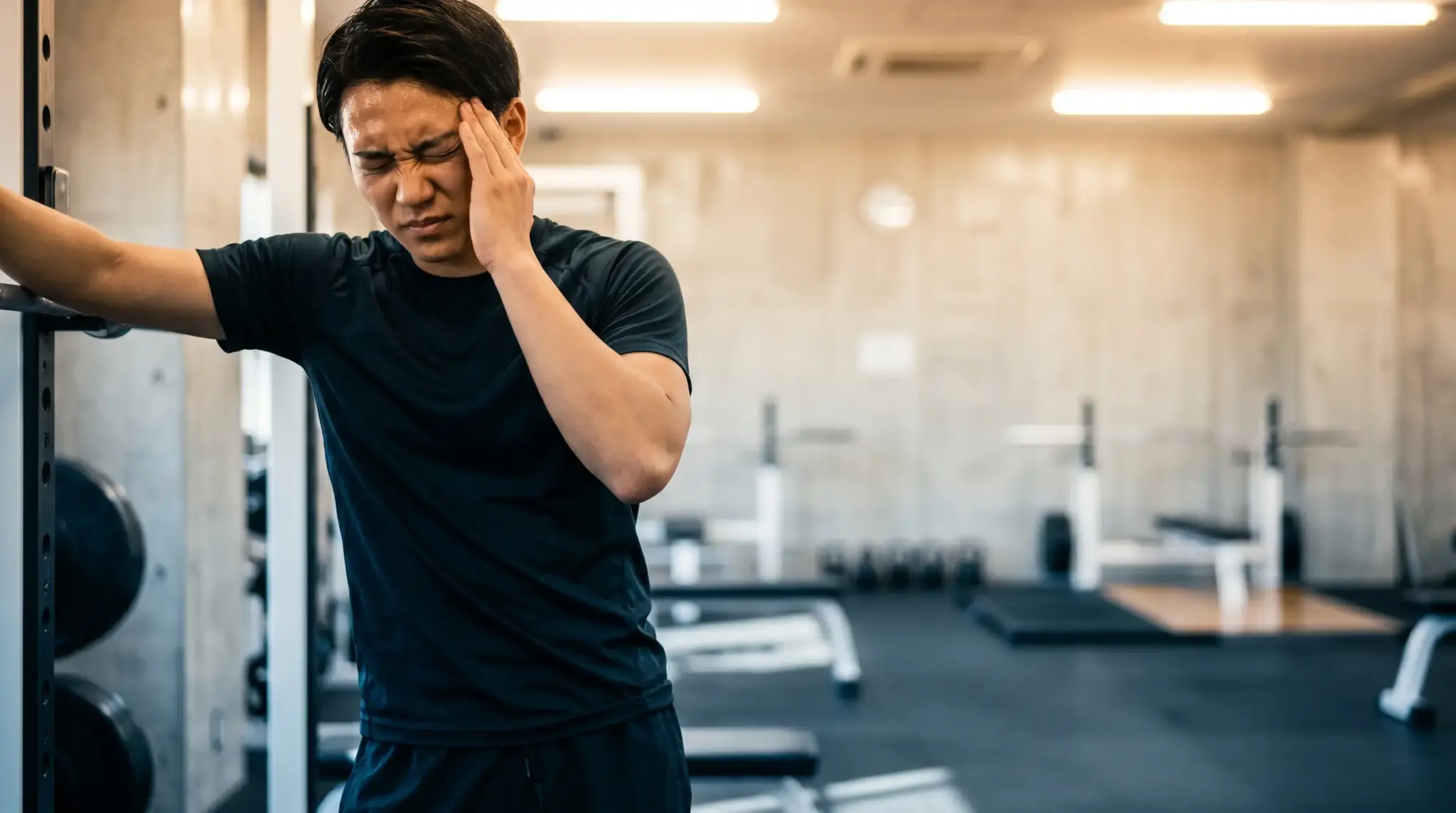 Man in gym holding head looking pained next to gym equipment