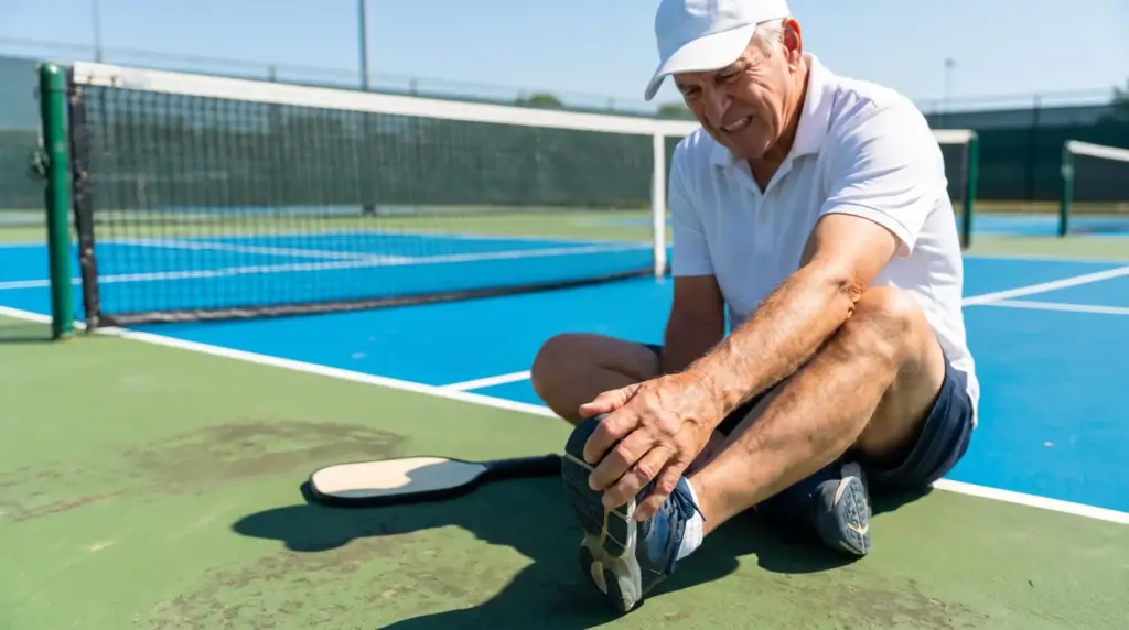 Elderly man sitting on outdoor court, holding ankle in pain, pickleball paddle nearby