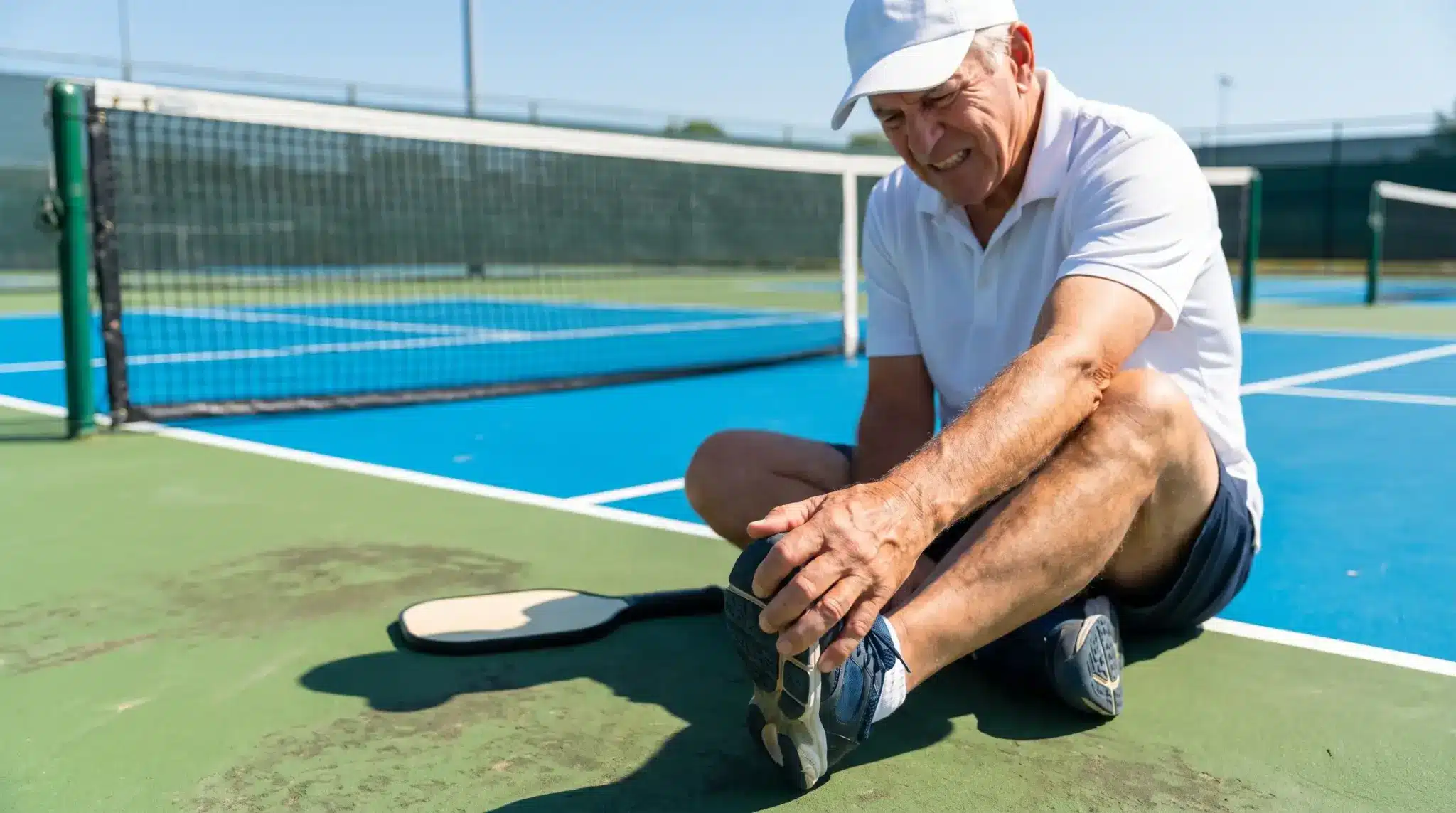 Elderly man sitting on outdoor court, holding ankle in pain, pickleball paddle nearby