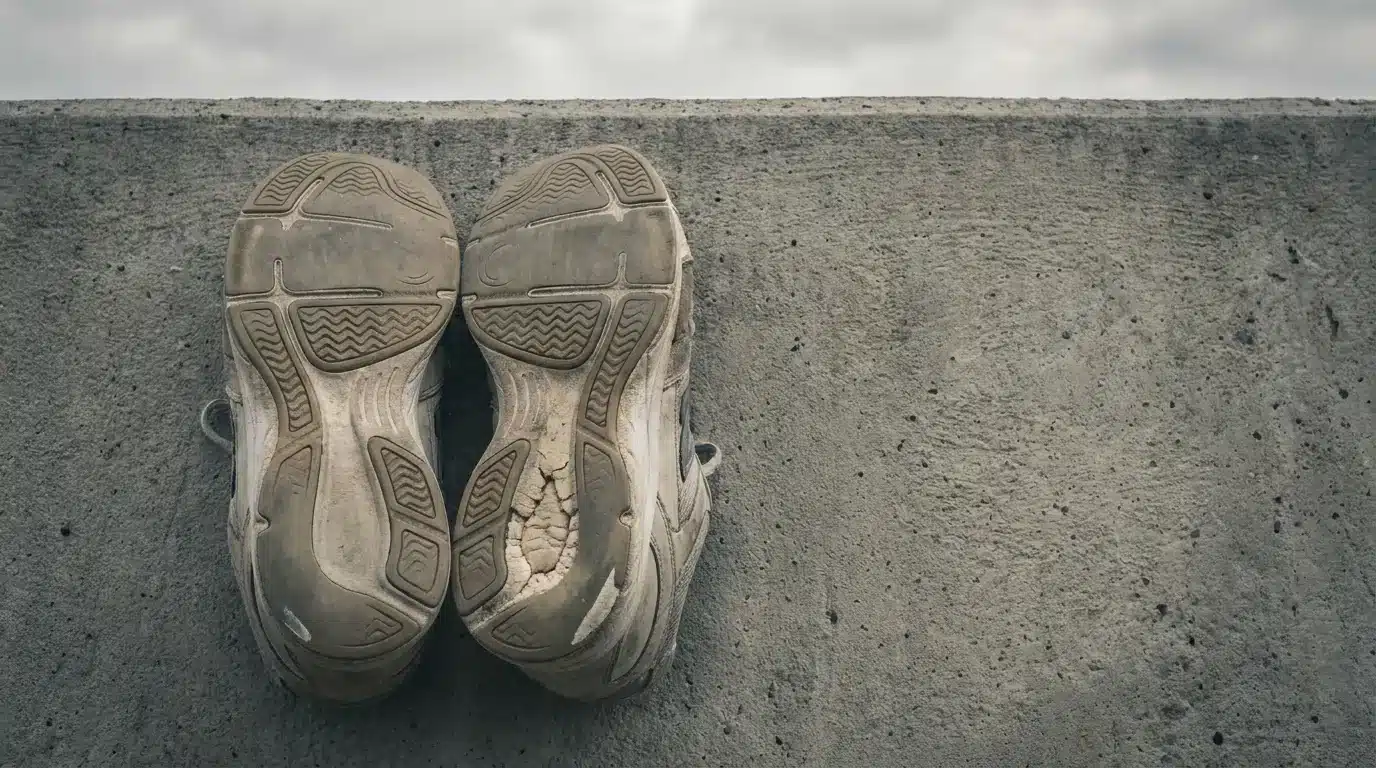 Worn-out running shoes upside down on concrete surface against cloudy sky