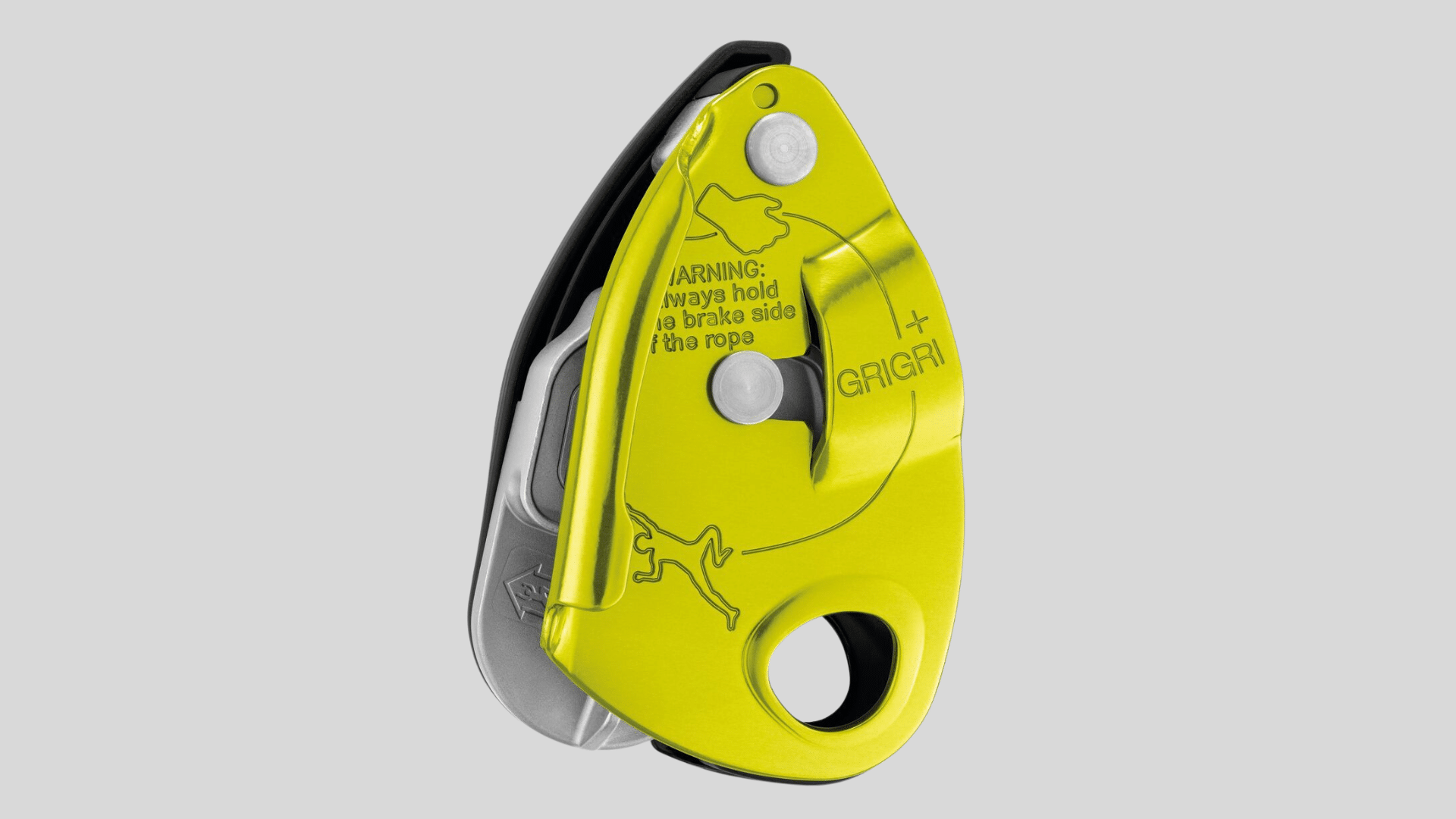 yellow assisted braking belay device with cam mechanism and rope slot for climbing on a clean background