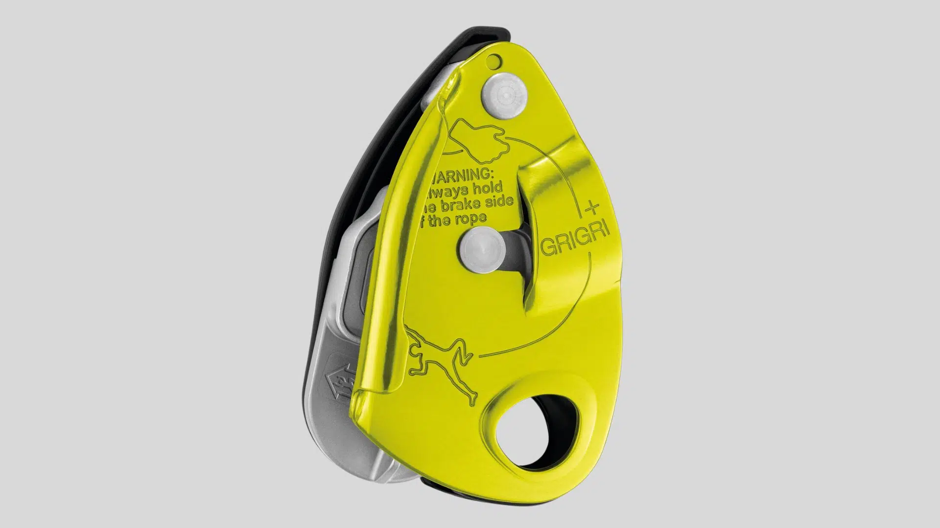 yellow assisted braking belay device with cam mechanism and rope slot for climbing on a clean background
