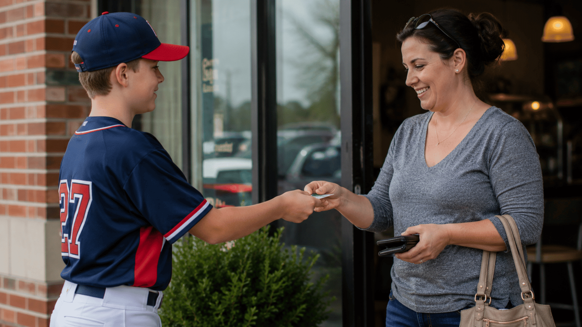 young baseball player selling local business discount card to customer outside neighborhood storefront entrance