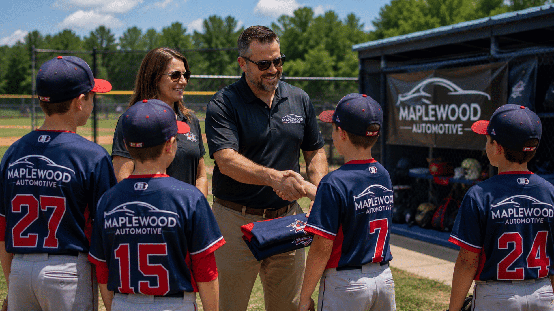youth baseball players wearing sponsored jerseys while meeting local business supporters on outdoor baseball field