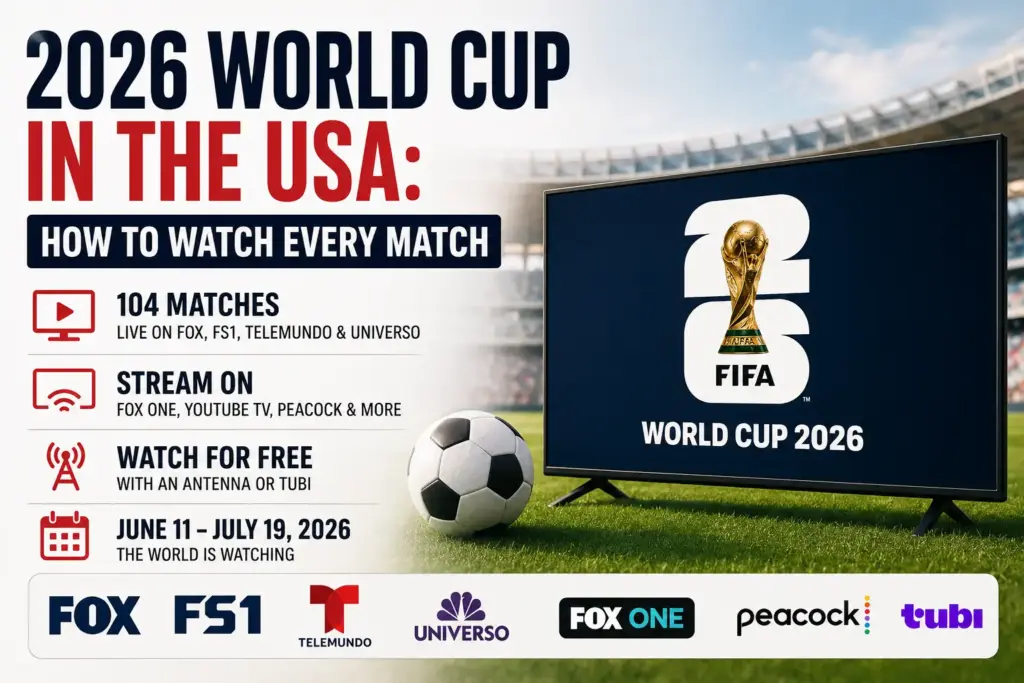 FIFA World Cup 2026 logo on stadium screen with soccer ball on grass