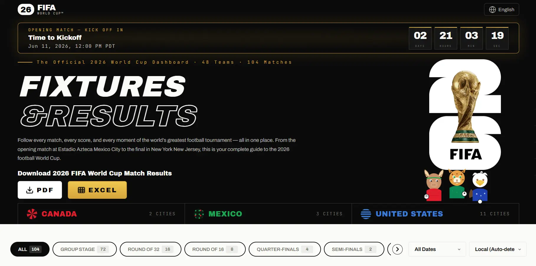 Countdown timer for 2026 FIFA World Cup with gold trophy on black background