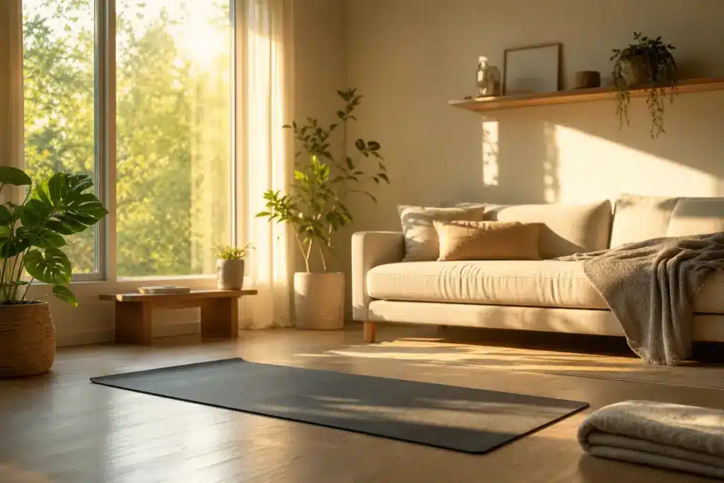 Yoga mat on wooden floor in sunlit living room with beige sofa and green plants