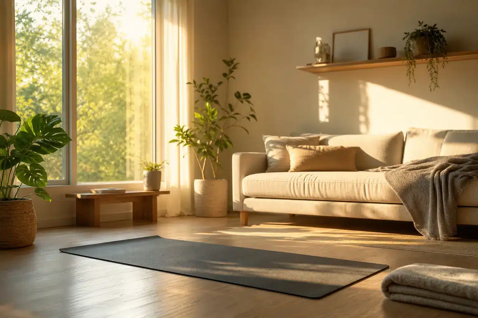 Yoga mat on wooden floor in sunlit living room with beige sofa and green plants