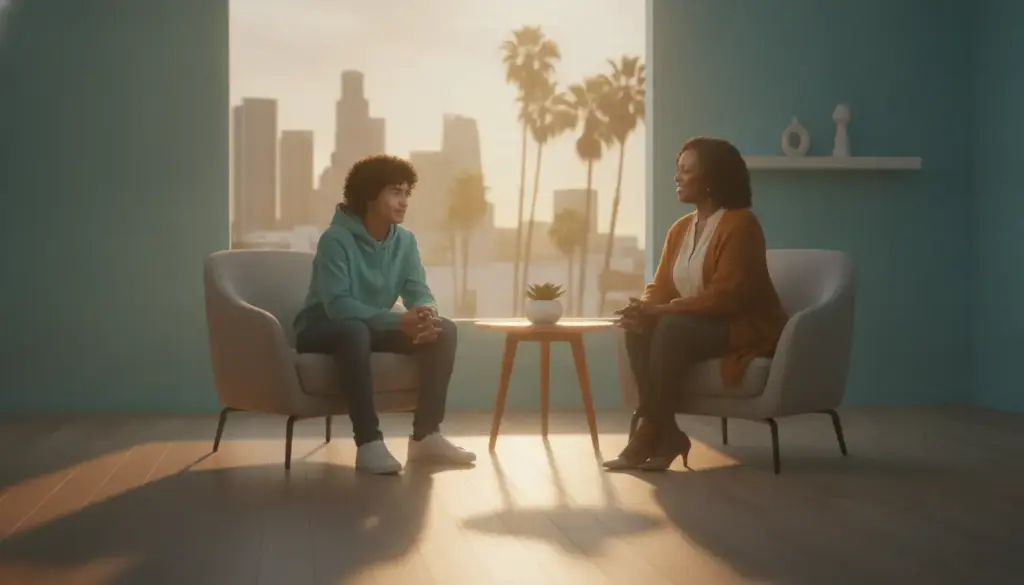 Two people sitting in armchairs talking in a modern room with city skyline view