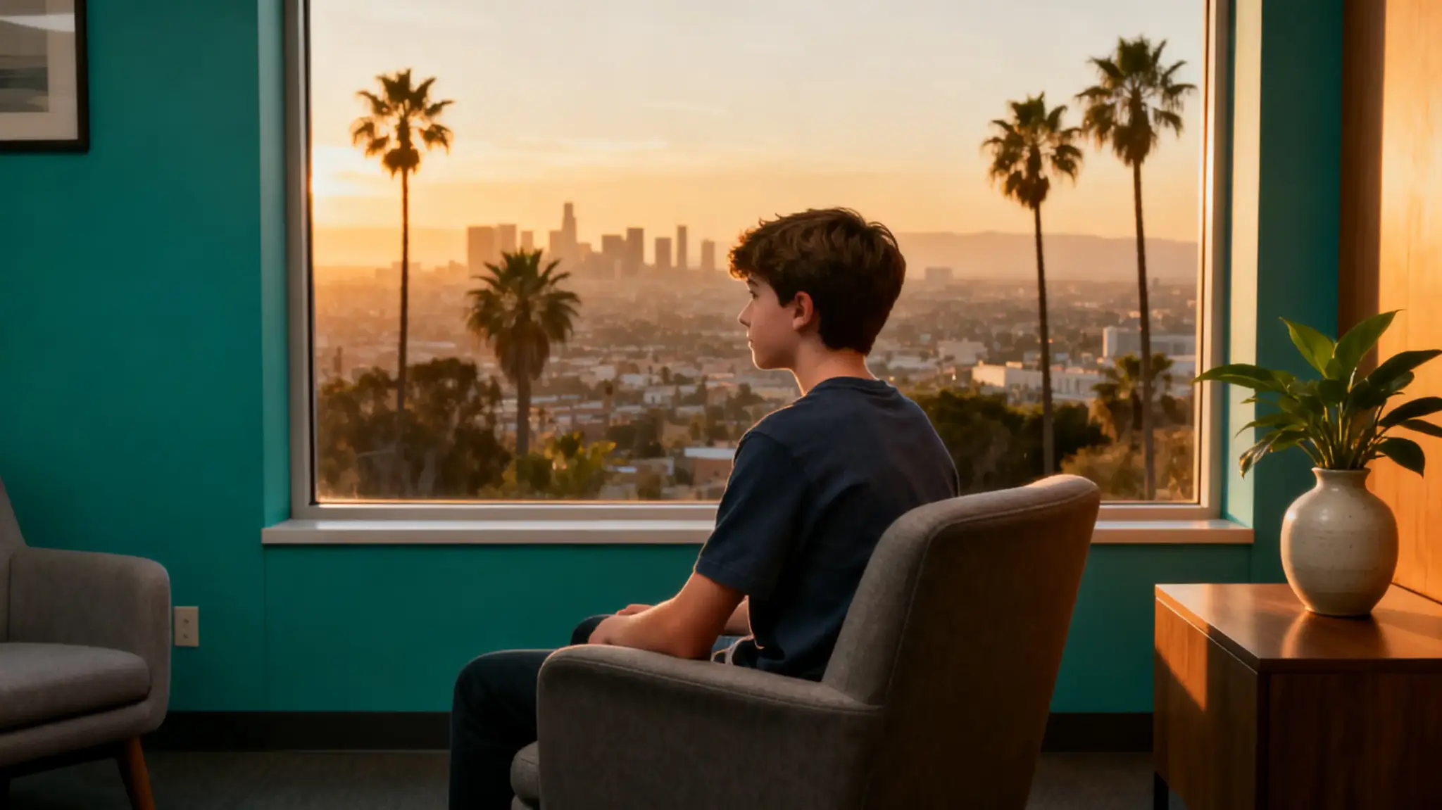 Young man sitting in chair gazing at sunset skyline through large window