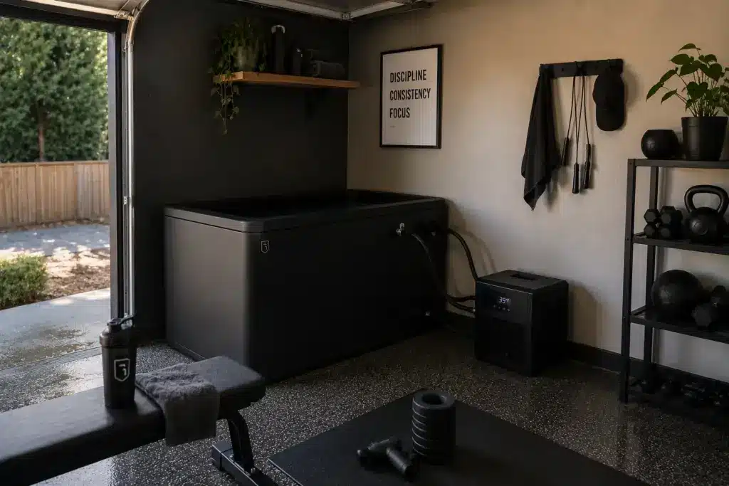 Home gym with black ice bath, workout bench, and exercise equipment in a garage setting