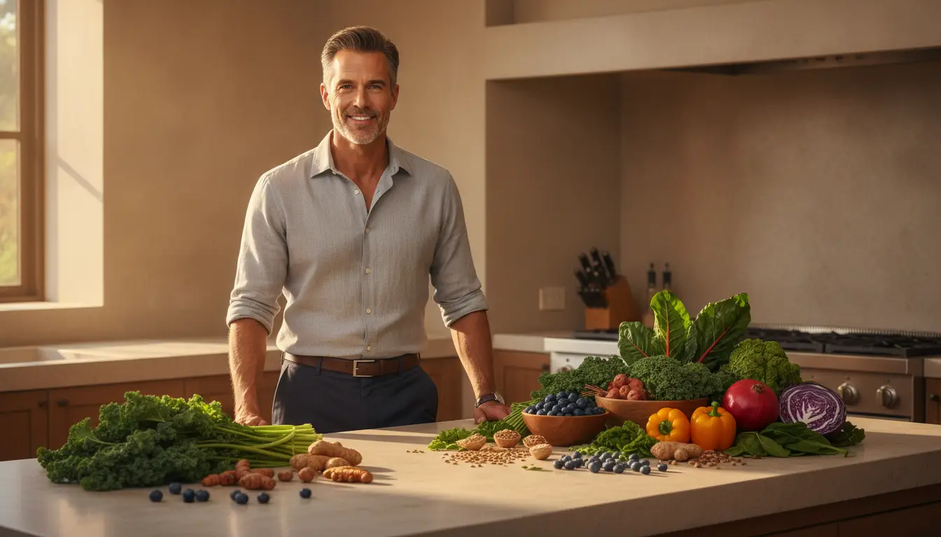 Man smiling in modern kitchen with variety of fresh vegetables and fruits on countertop
