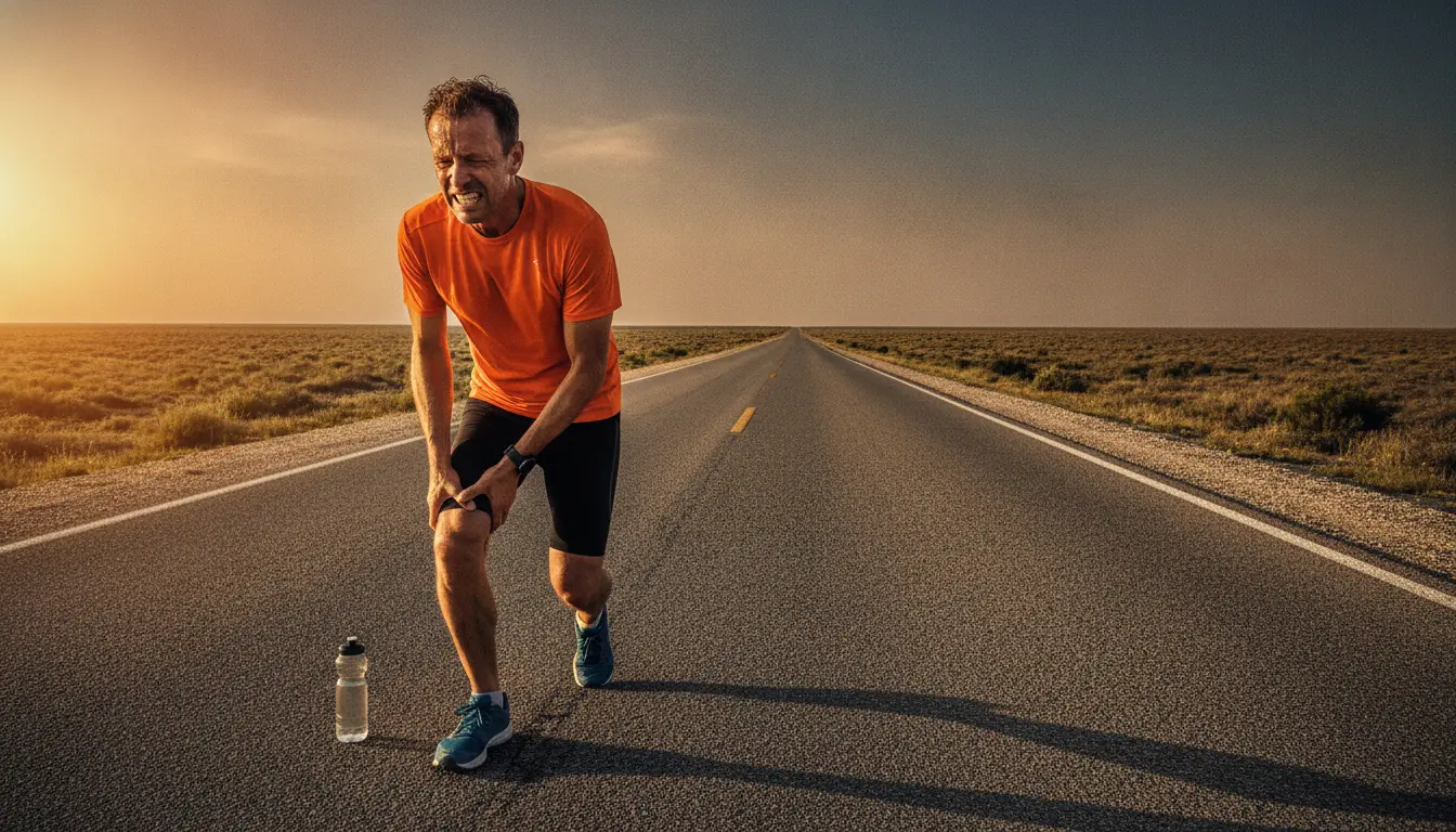 Man in orange shirt holding knee on deserted road at sunset with water bottle nearby