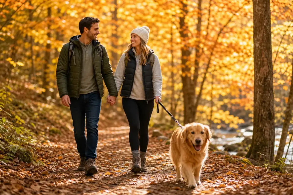 Couple walking golden retriever on leaf-covered path in autumn forest
