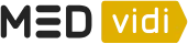 Logo featuring stylized text "MED vidi" with yellow accent on white background