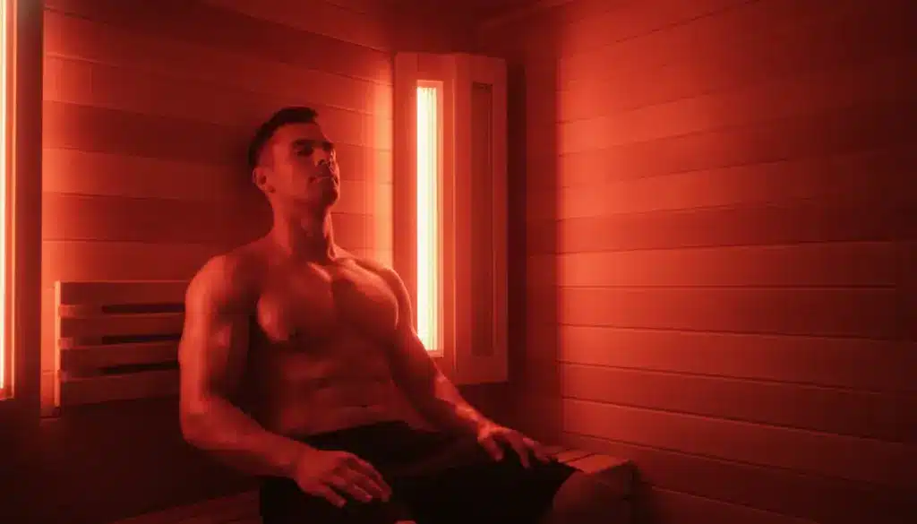 Man relaxing in infrared sauna with red lighting and wooden interior