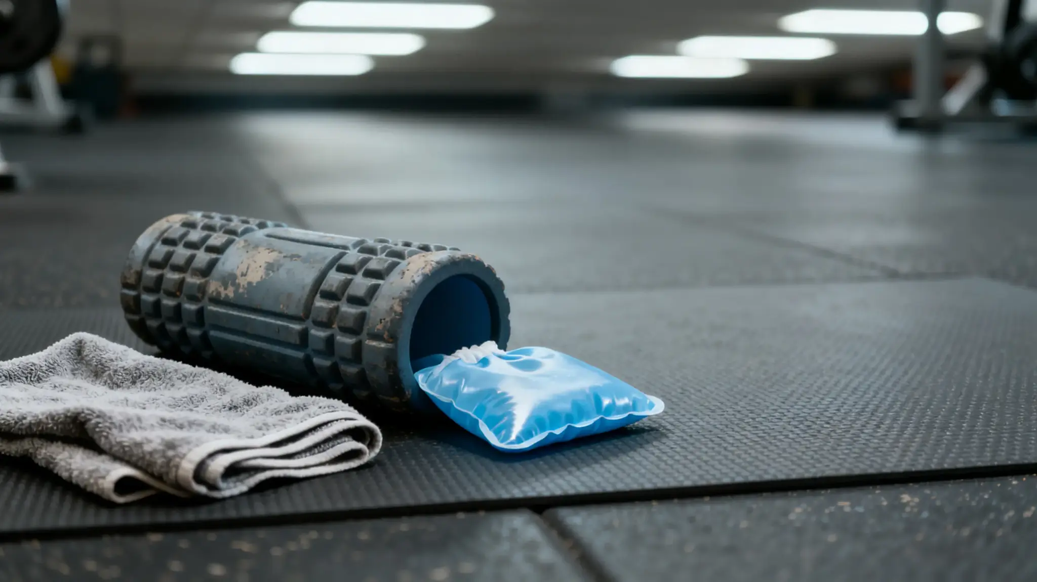 Foam roller with ice pack and towel on gym floor in bright indoor setting