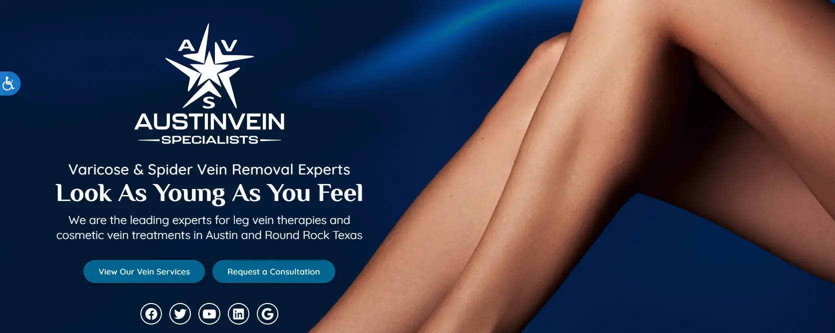 Person's legs crossed against a dark blue background with vein removal service text nearby
