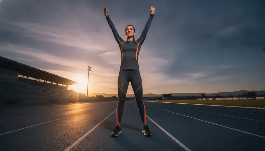 Athlete in dark sportswear celebrating on outdoor track at sunrise