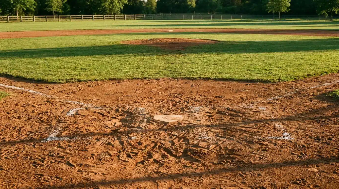 Baseball field with home plate and pitcher's mound under sunny sky
