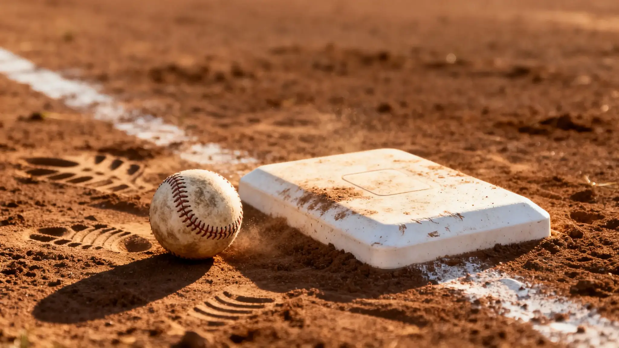Baseball resting near base on dusty field with footprints and warm lighting