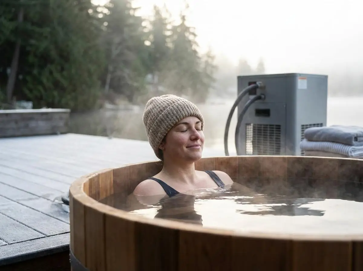 Person relaxing in steaming outdoor hot tub wearing a knit beanie, surrounded by forest scenery