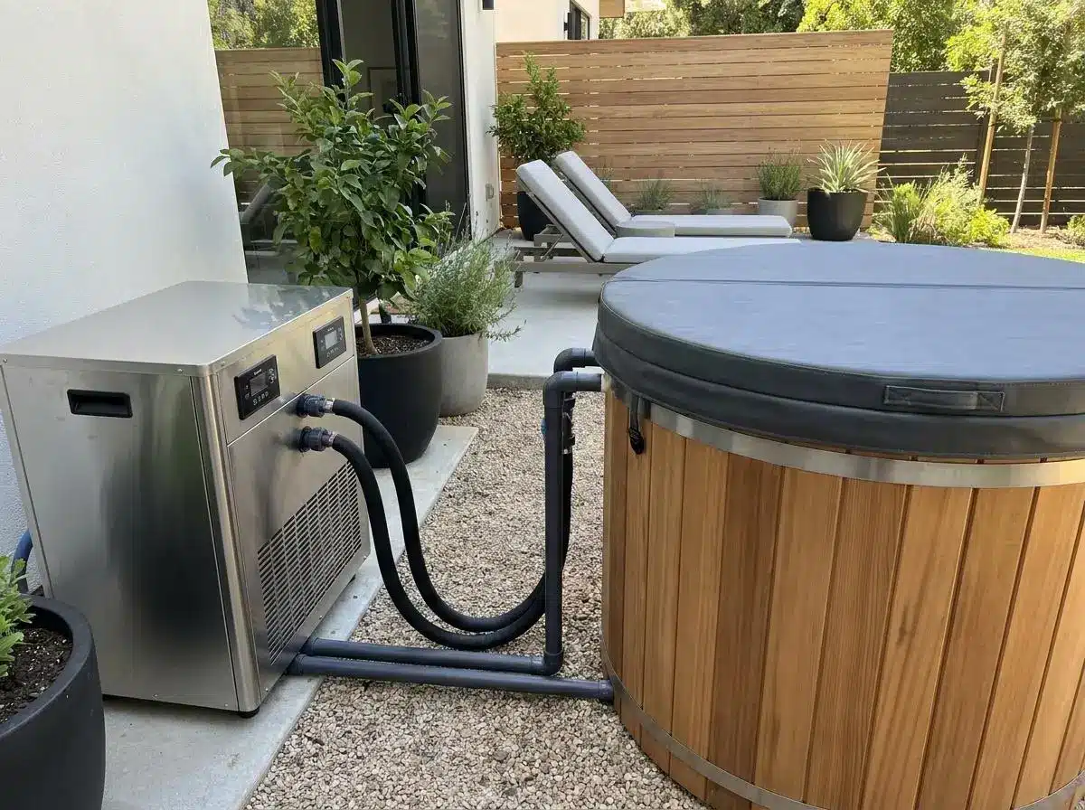 Stainless steel pool heater connected to wooden hot tub in modern backyard patio setting
