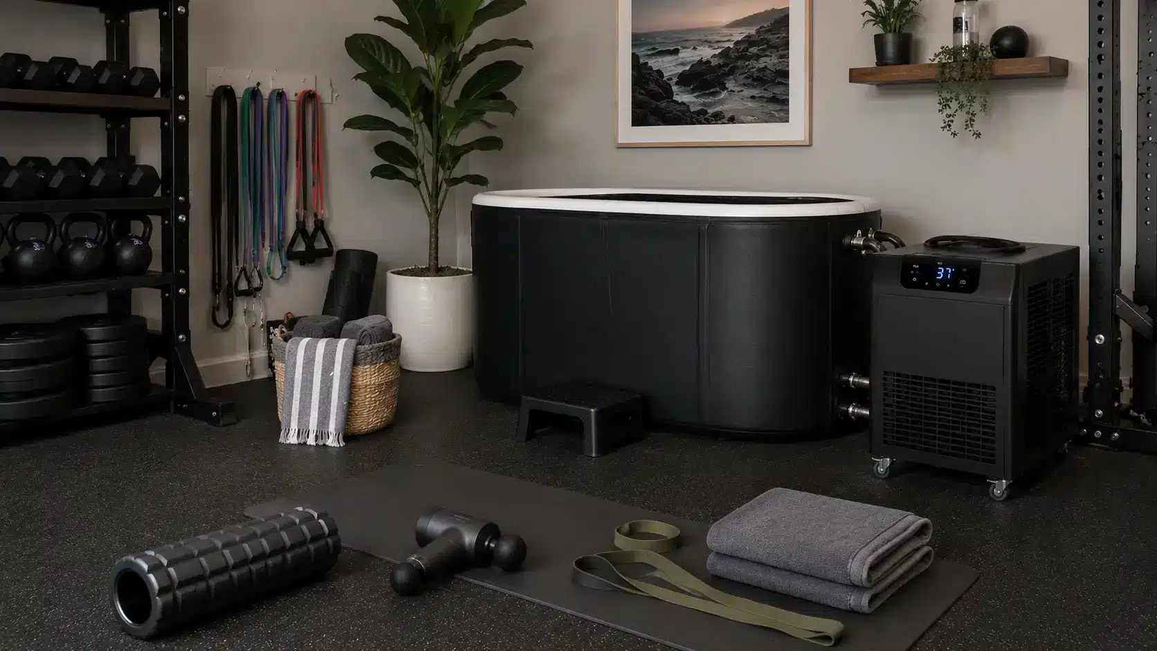 Home gym with exercise equipment, black ice bath, and rolled towels on mat in modern setting