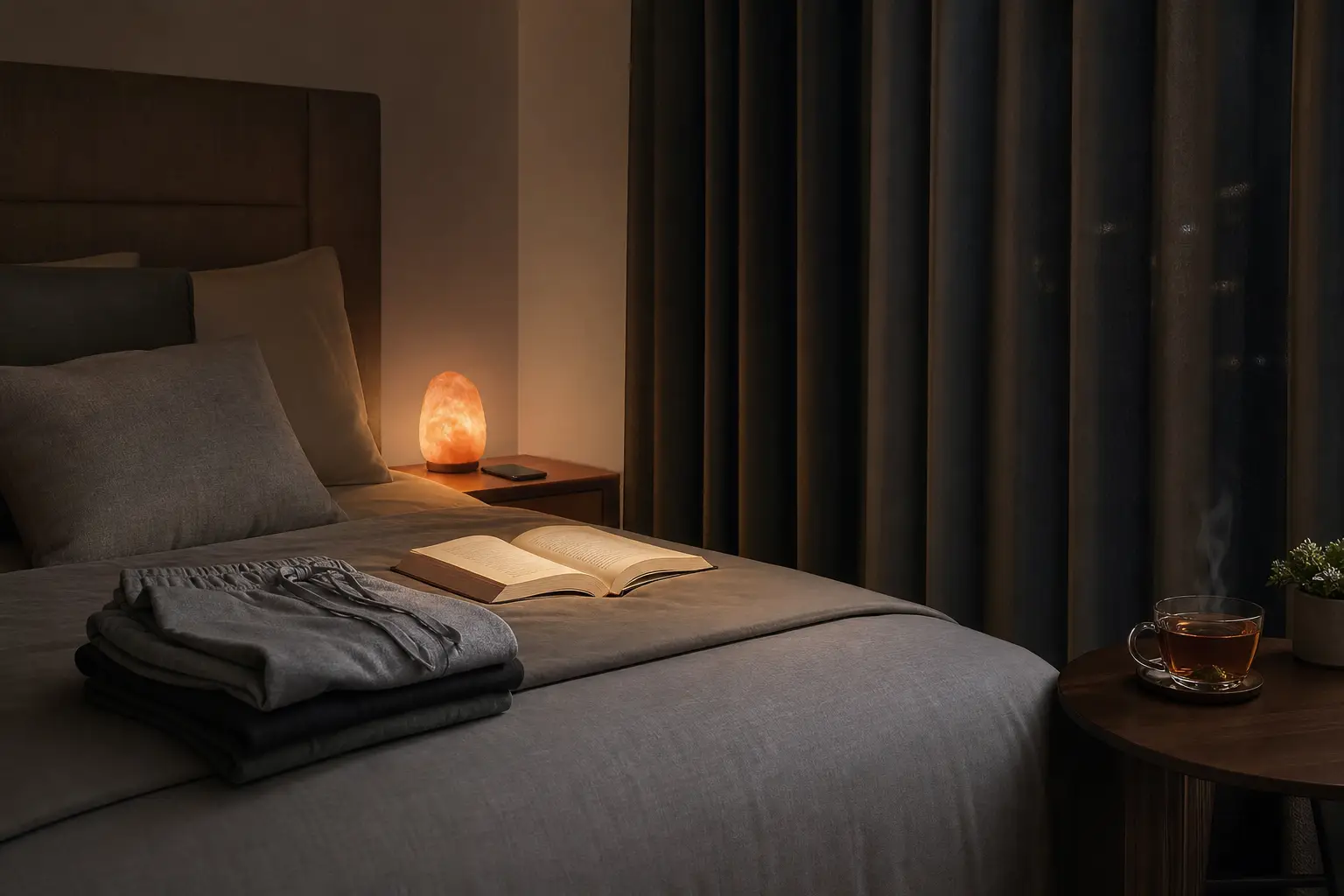 Open book and folded pajamas on bed in dimly lit bedroom with warm lamp and steaming tea