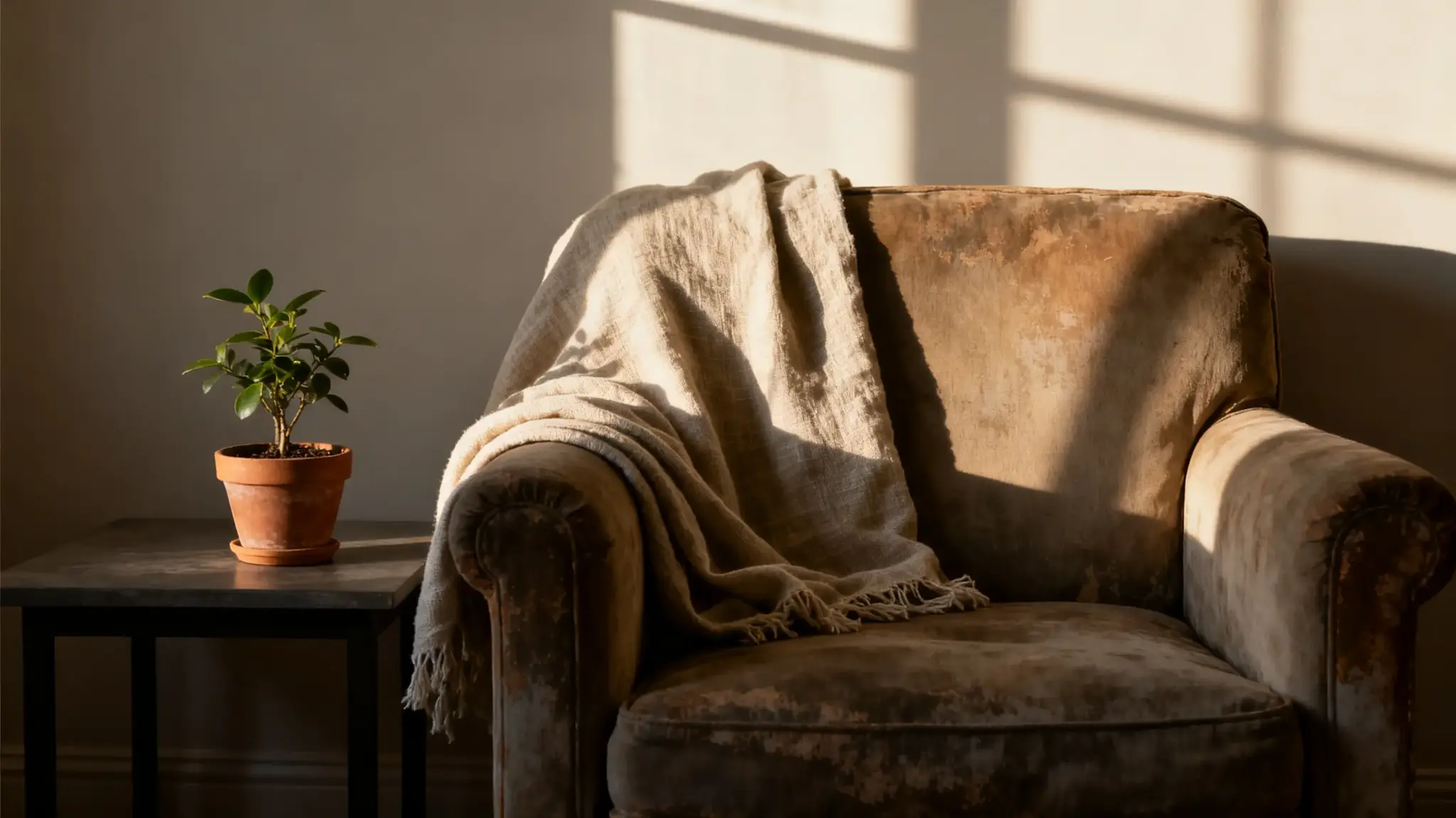 Rustic armchair with beige throw next to potted plant in warm sunlight