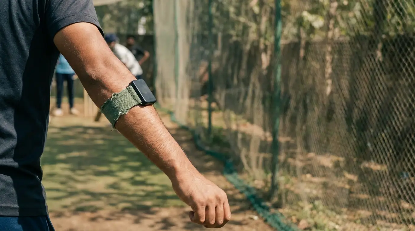 Person wearing fitness tracker on arm in outdoor sports field with netting in background