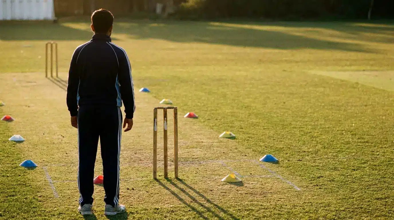 Man in athletic wear standing on cricket field with stumps and colorful cones