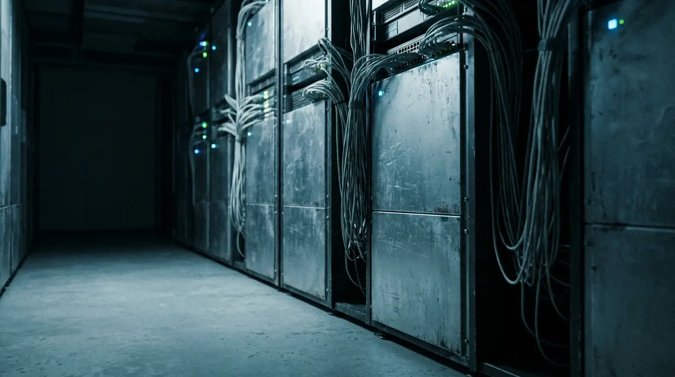 Rows of server racks with connected cables in a dimly lit data center