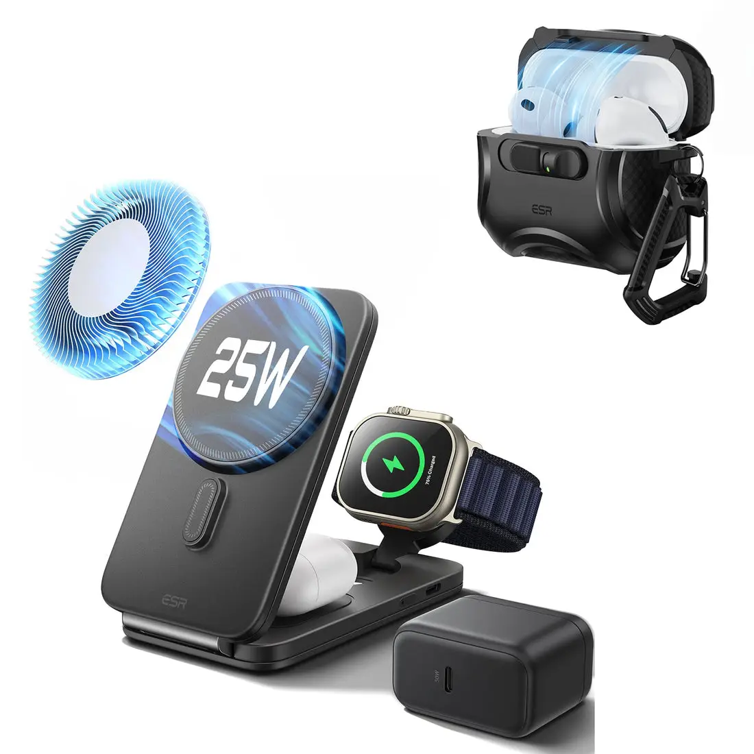 Wireless charging station with smart watch, earbuds, and power adapter in minimalist design