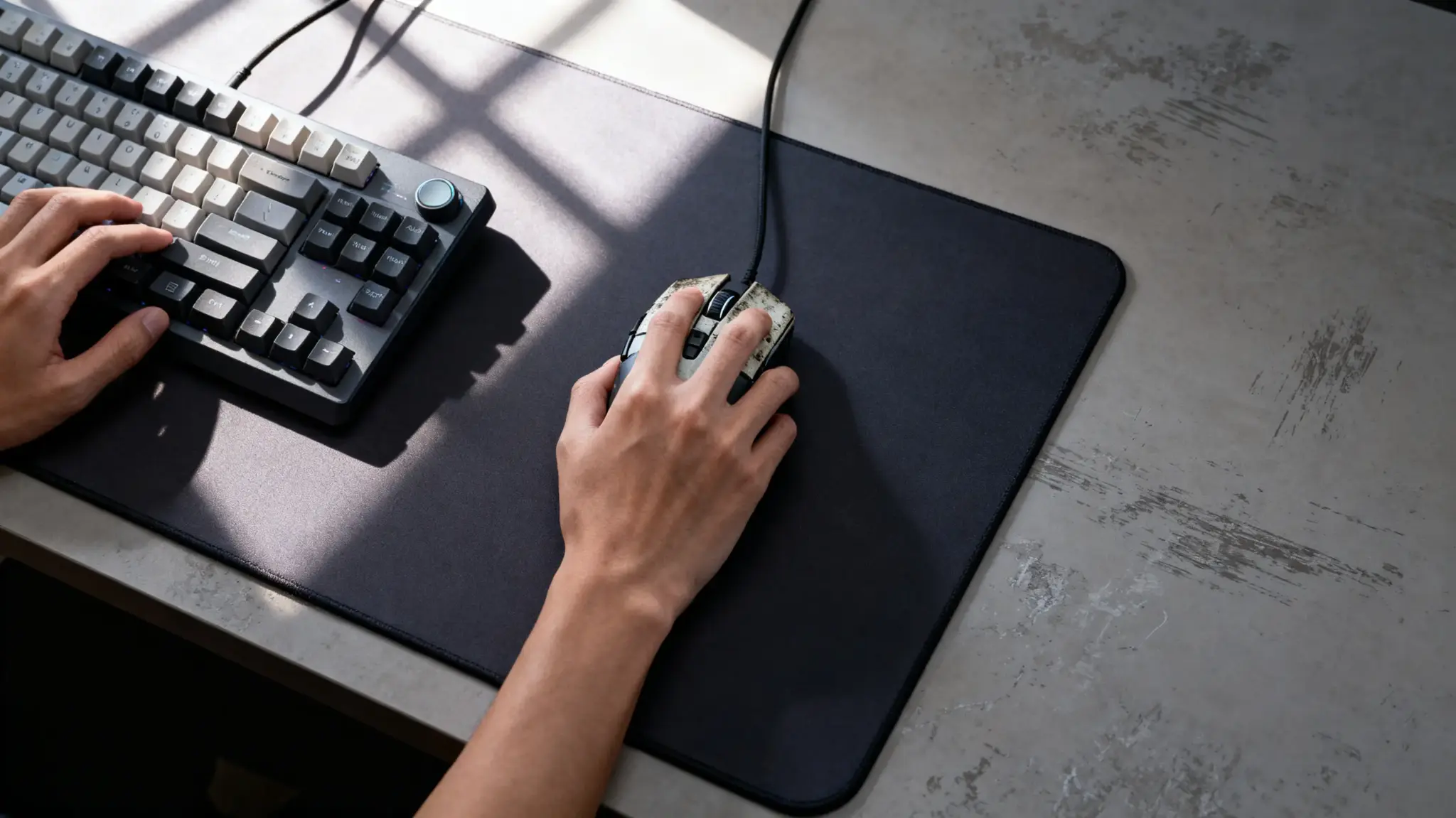 Hands using mechanical keyboard and gaming mouse on a large mousepad in an office setting
