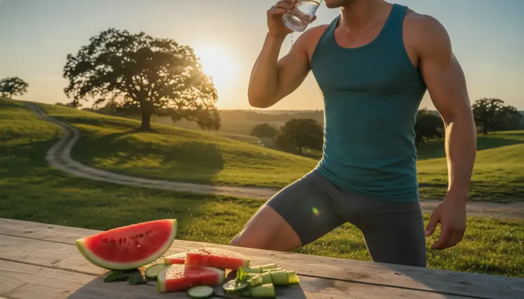 Man in sportswear drinking water beside sliced watermelon outdoors at sunset