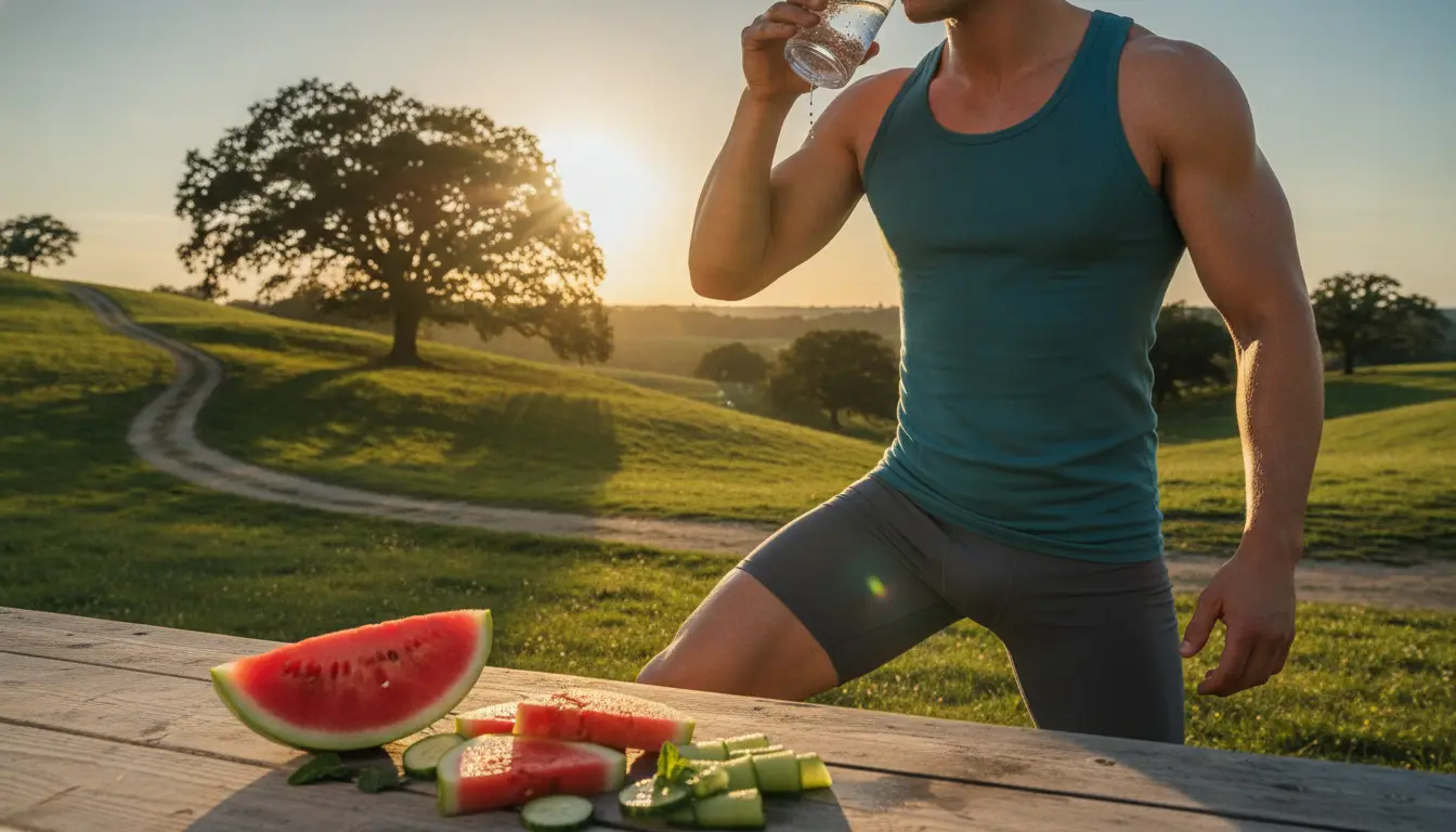 Man in sportswear drinking water beside sliced watermelon outdoors at sunset
