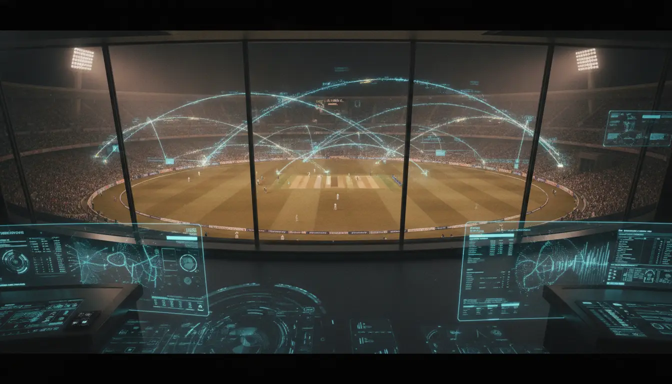 Cricket stadium during night match with holographic screens and visual data displays