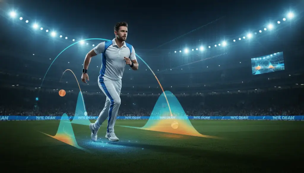 Athlete in white-blue sportswear running on illuminated stadium field with dynamic graphics
