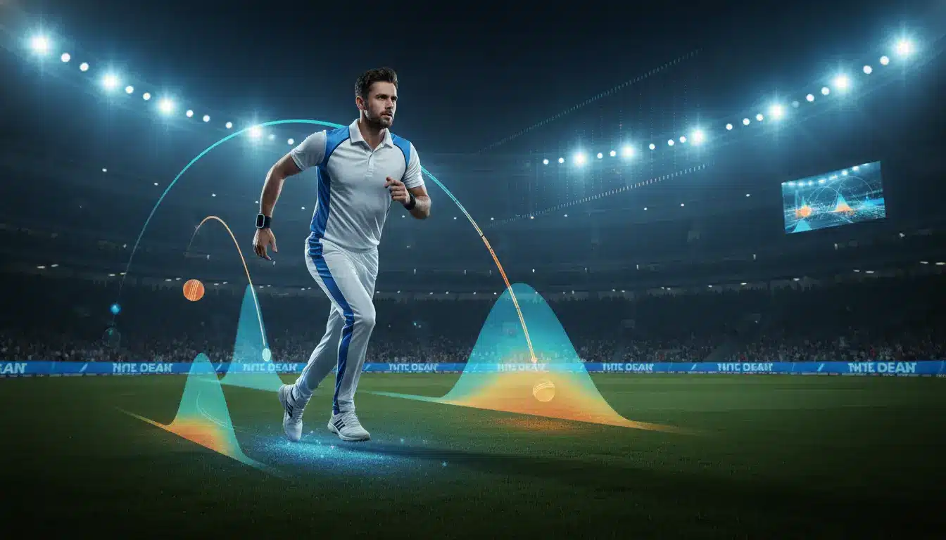 Athlete in white-blue sportswear running on illuminated stadium field with dynamic graphics