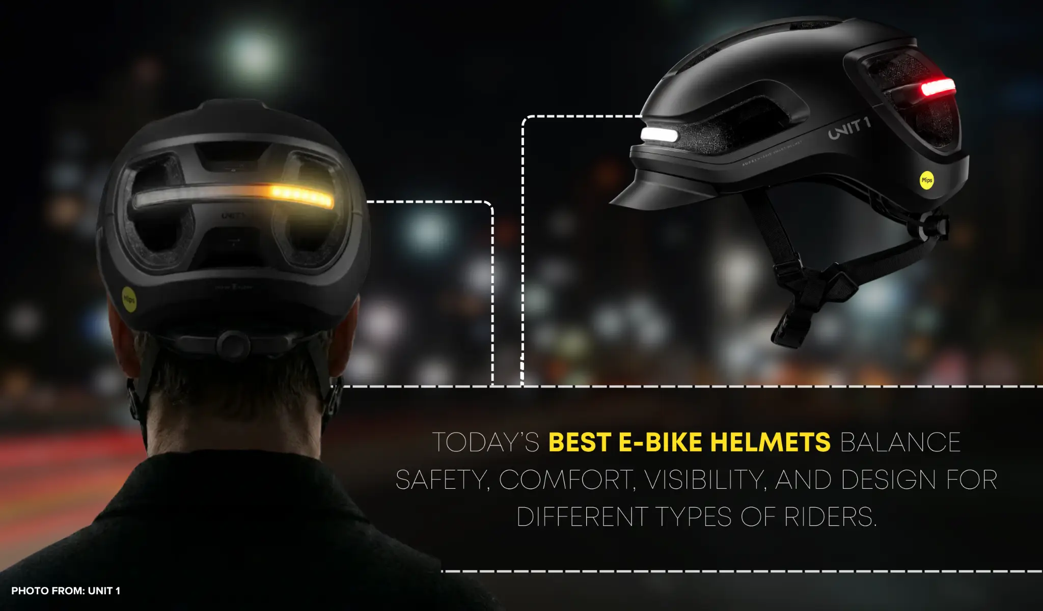 Black e-bike helmet with LED lights on dark blurred city background