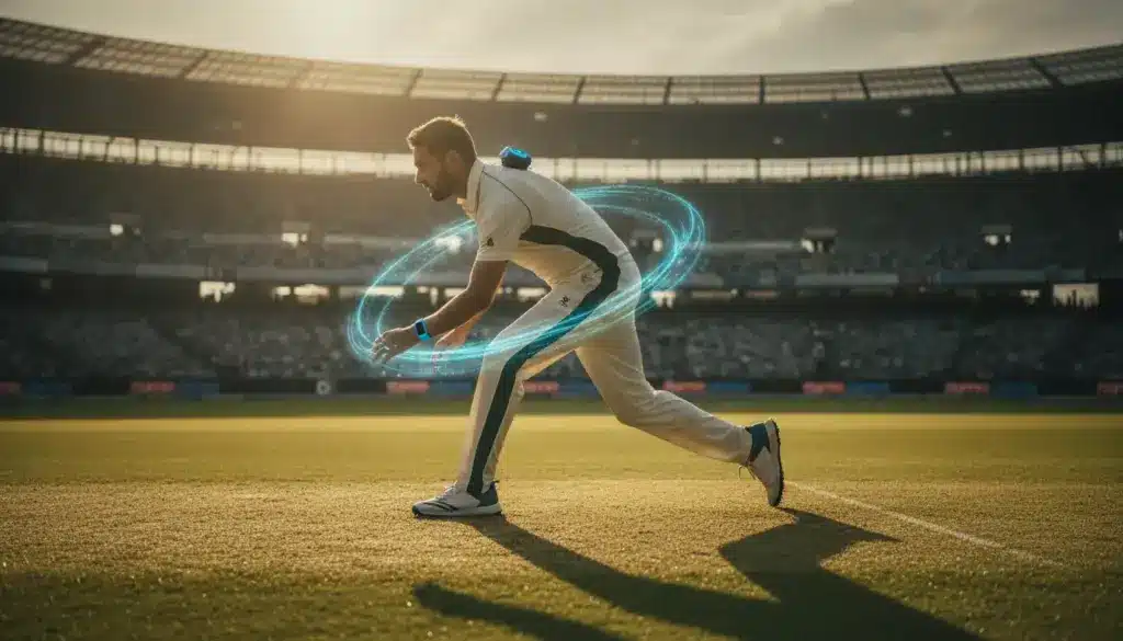 Cricketer mid-action on grassy field with digital effects and stadium backdrop
