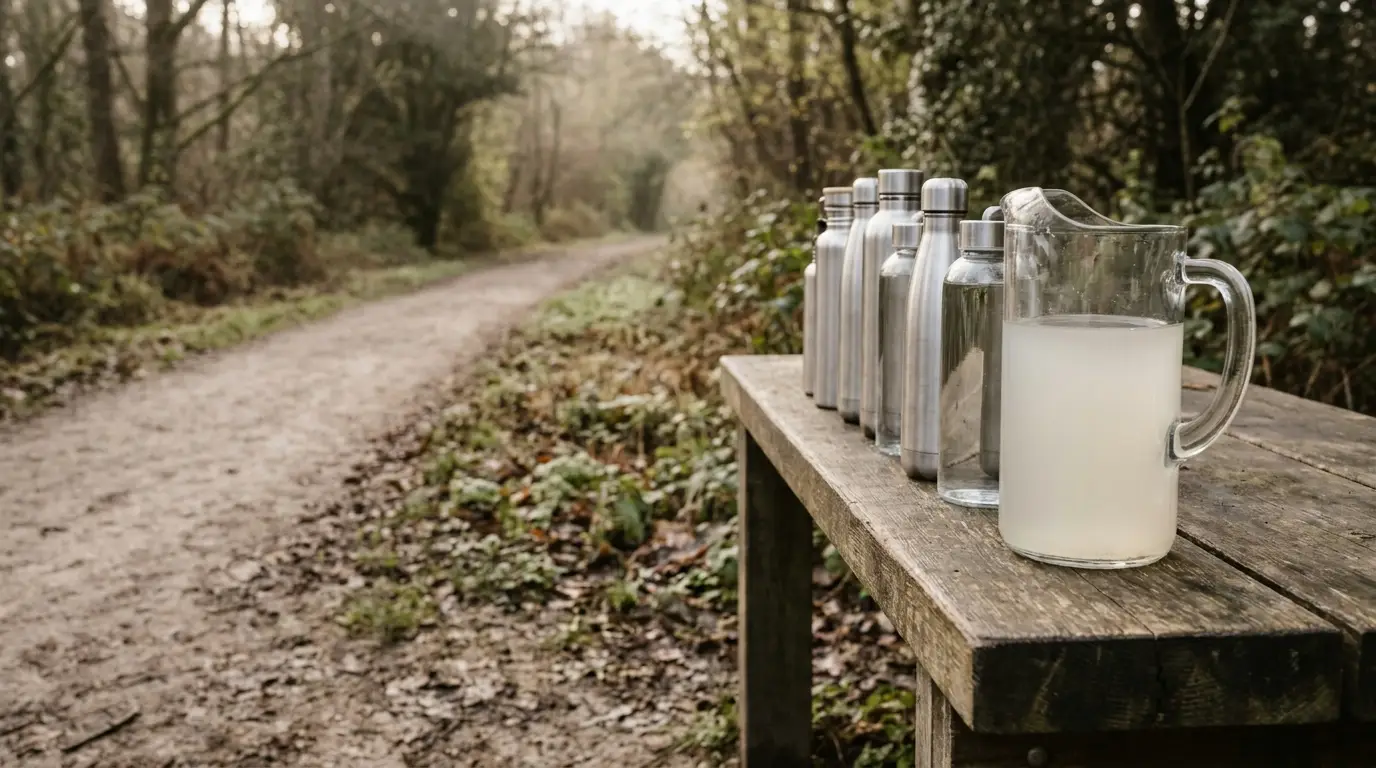 Bottles and glass pitcher with liquid on wooden table in outdoor forest setting