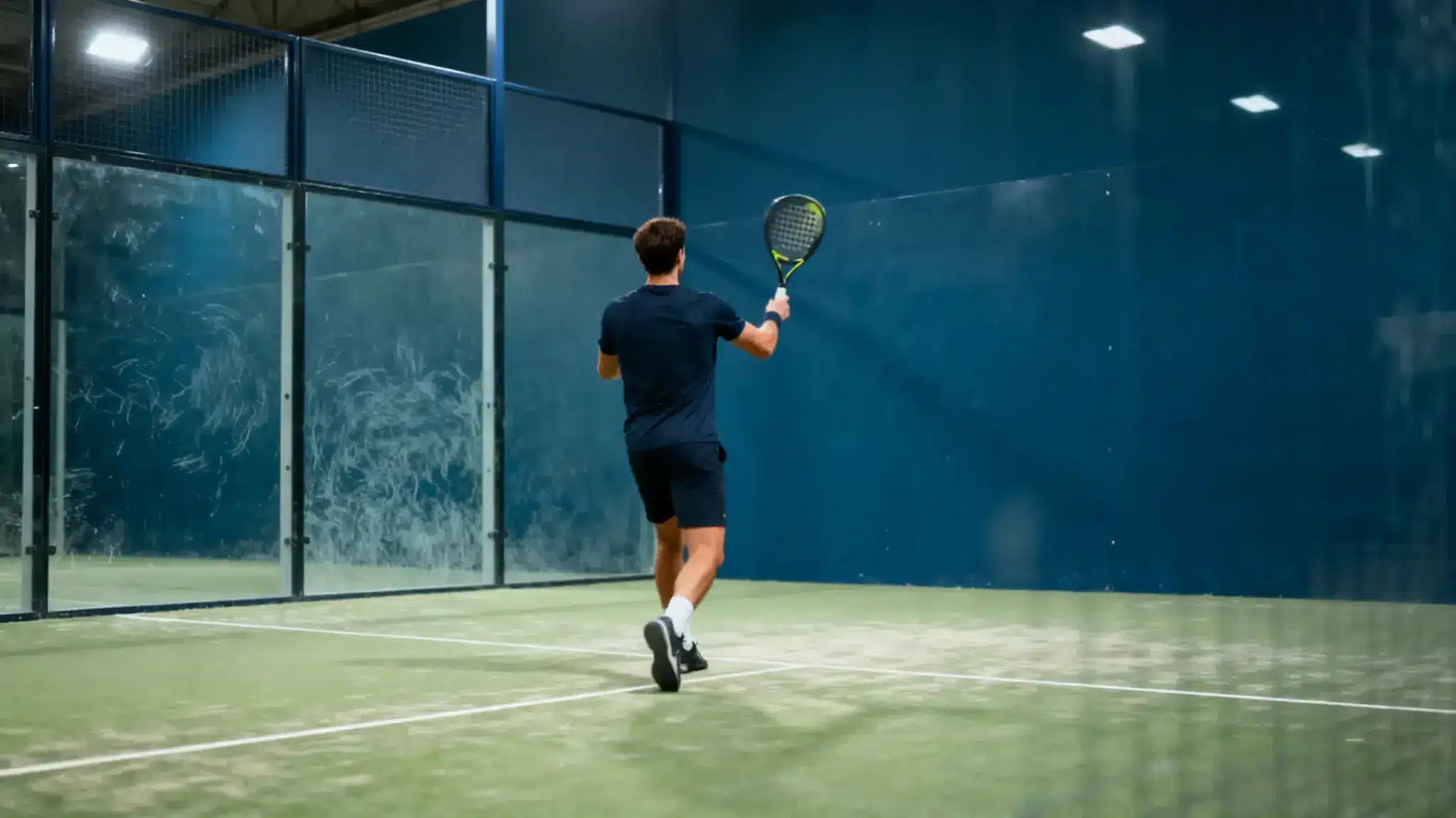 Tennis player hitting a ball on indoor court with blue walls and artificial turf