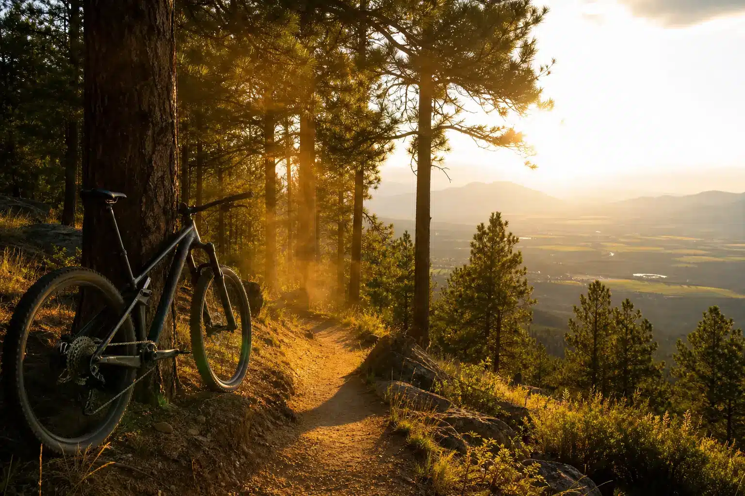 Mountain bike leaning against tree on forest trail at sunset with mountains in the distance