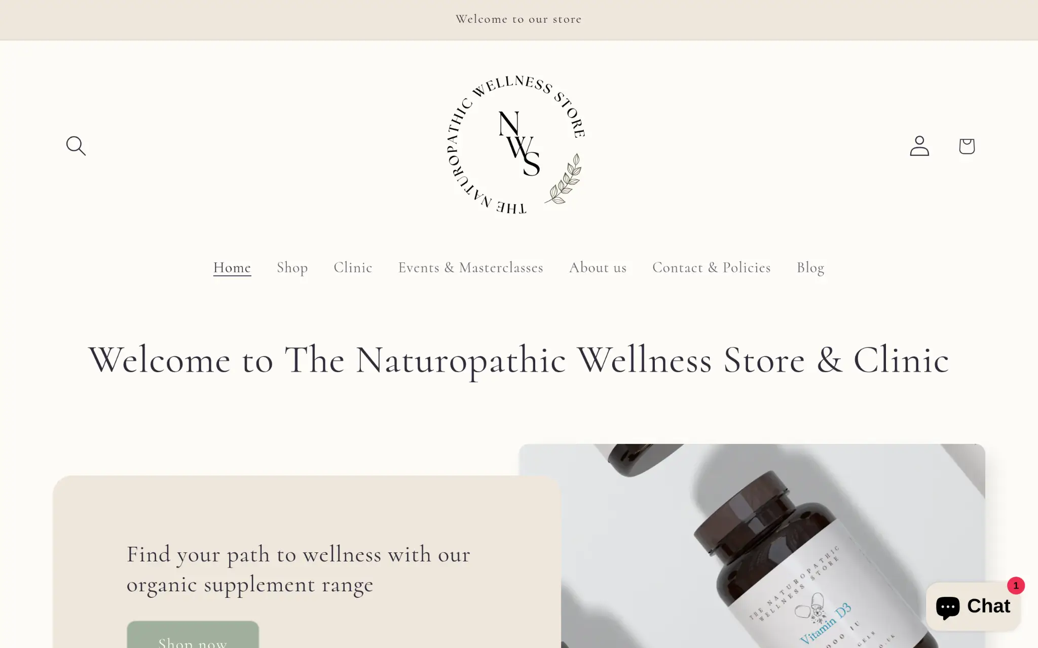 Website interface of The Naturopathic Wellness Store with navigation menu and supplement bottles