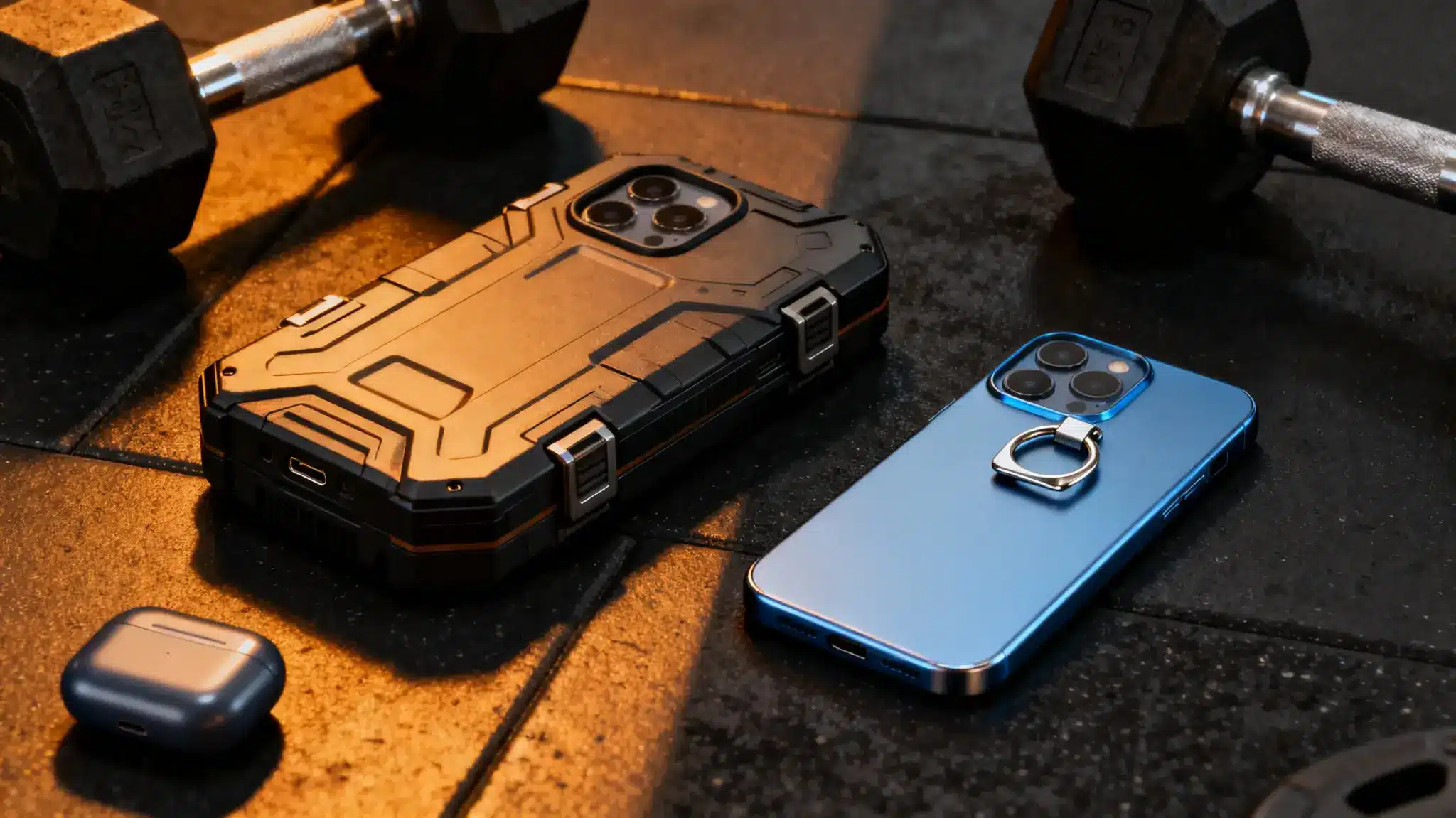 Smartphones with rugged and sleek cases on gym floor near dumbbells, under warm lighting