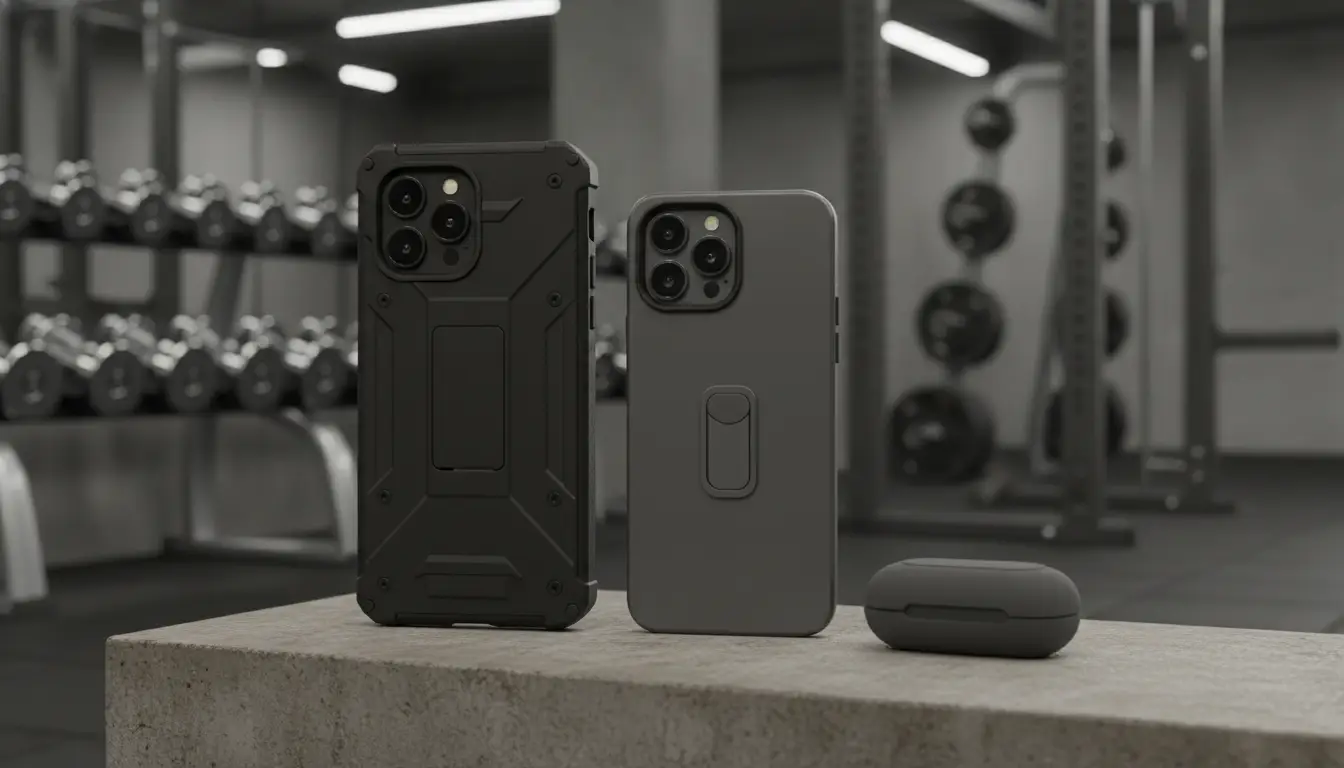 Smartphone cases and wireless earbuds on concrete block in modern gym setting