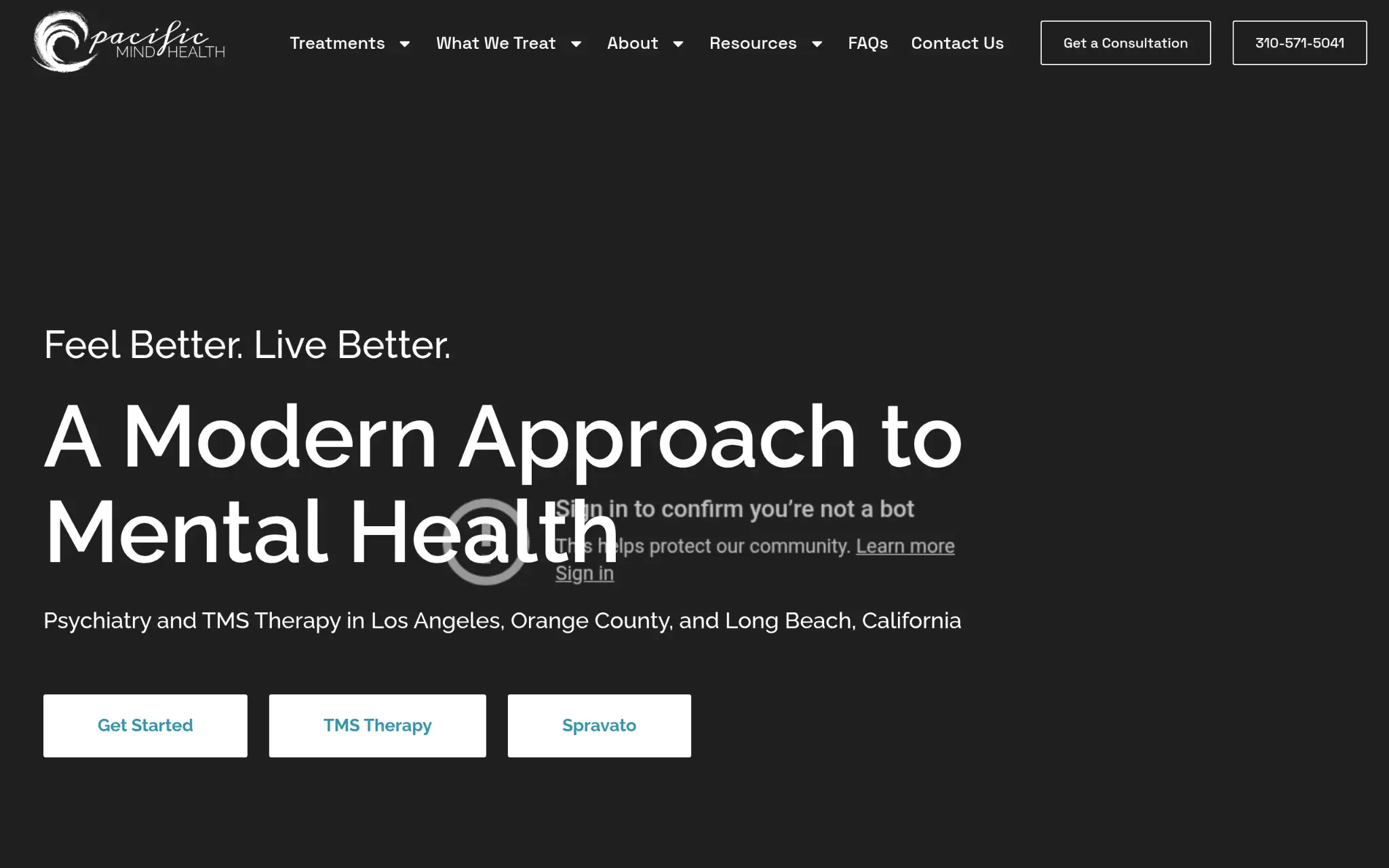 Dark-themed website homepage with white text offering mental health services and consultation buttons